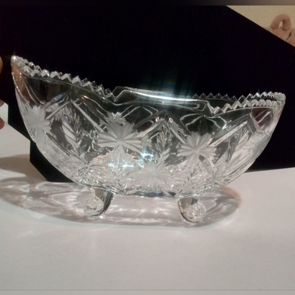 Bohemian Cut Glass Lead Crystal Footed Oblong Bowl Sawtooth Edge Daisy Etched - Picture 1 of 5